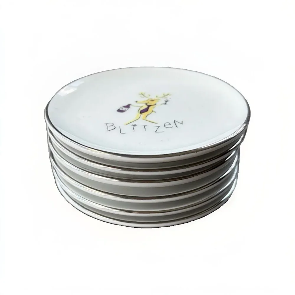 Pottery Barn Reindeer Coaster Plates Set of 6 Silver Rim Christmas Holiday 4”